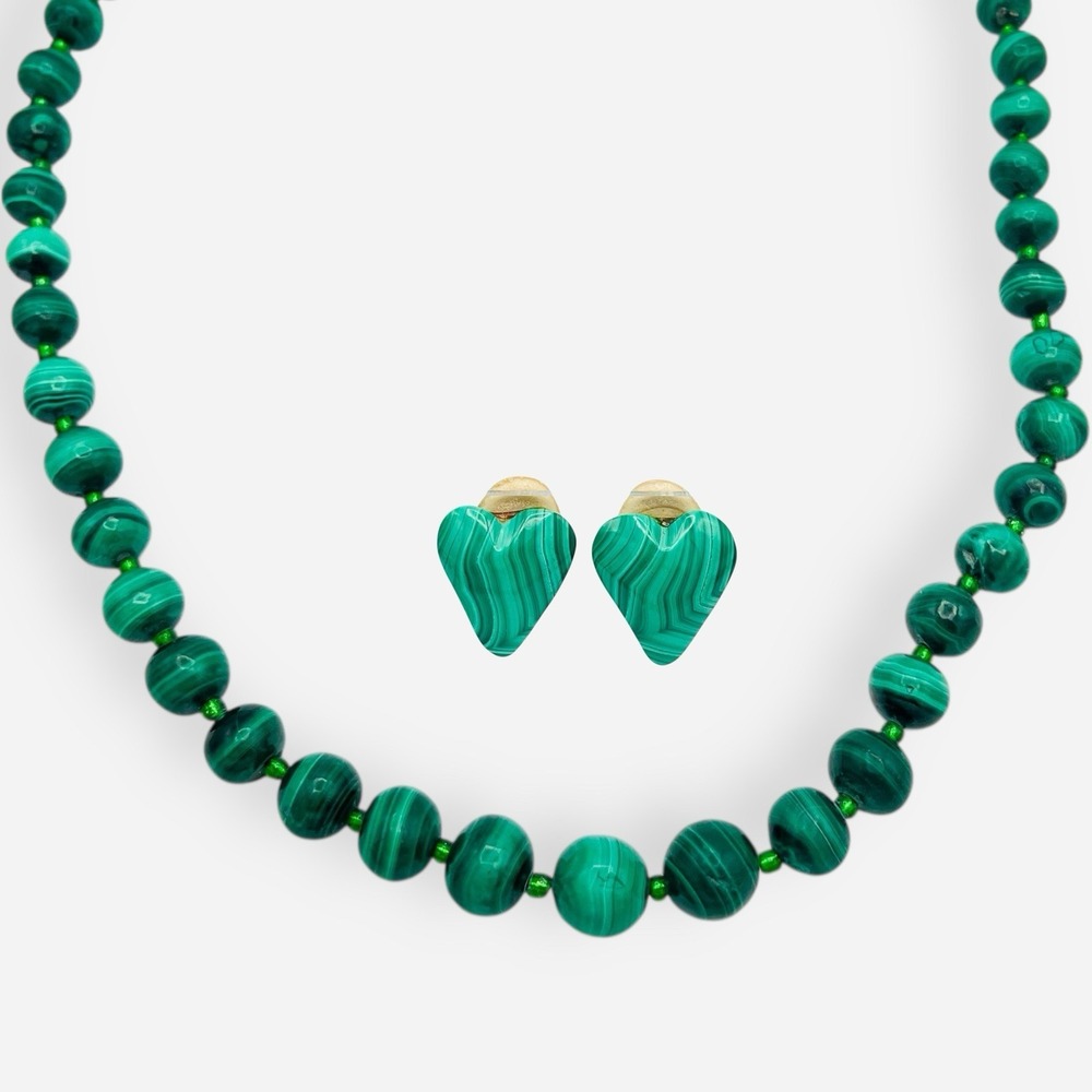 Vintage Malachite Graduated‎ Bead Necklace Heart Clip On Earring Set Green